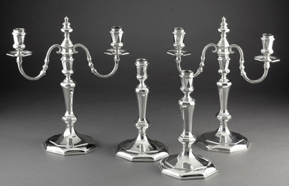 Cast Britannia Silver Queen Anne Style Octagonal Candlesticks (Set of 4), With 2 Detachable 2 Light Candelabra - Tessiers